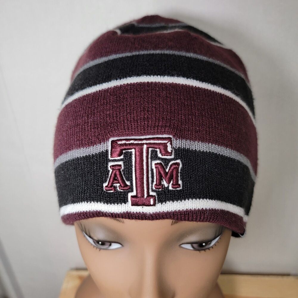 Texas A&M Aggies Reversable Black White & Maroon Stripe Knit Unisex Beanie